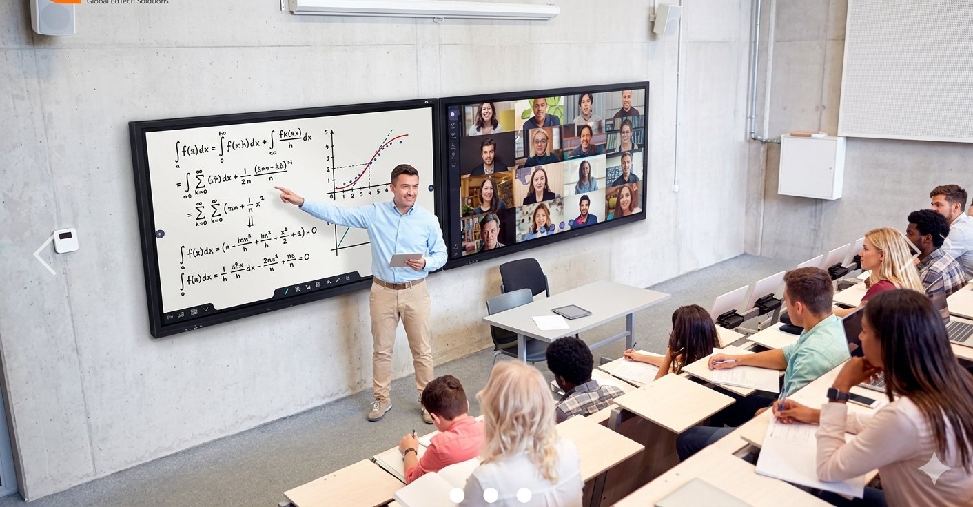 Sala inteligente con pantallas interactivas y colaboración híbrida